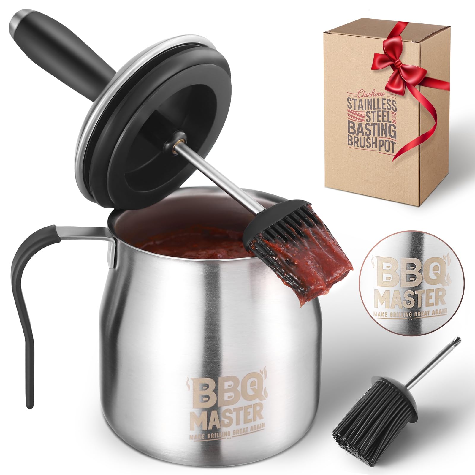 BBQ Basting Pot with Brushes，Fathers Day Grilling Gifts for Men，Stainless Steel 304 Basting Pot Brush Set,Grill Gifts for Dad,Husband,Grandpa,Airtight 32oz. Large Sauce Container BBQ Gadgets - CookCave