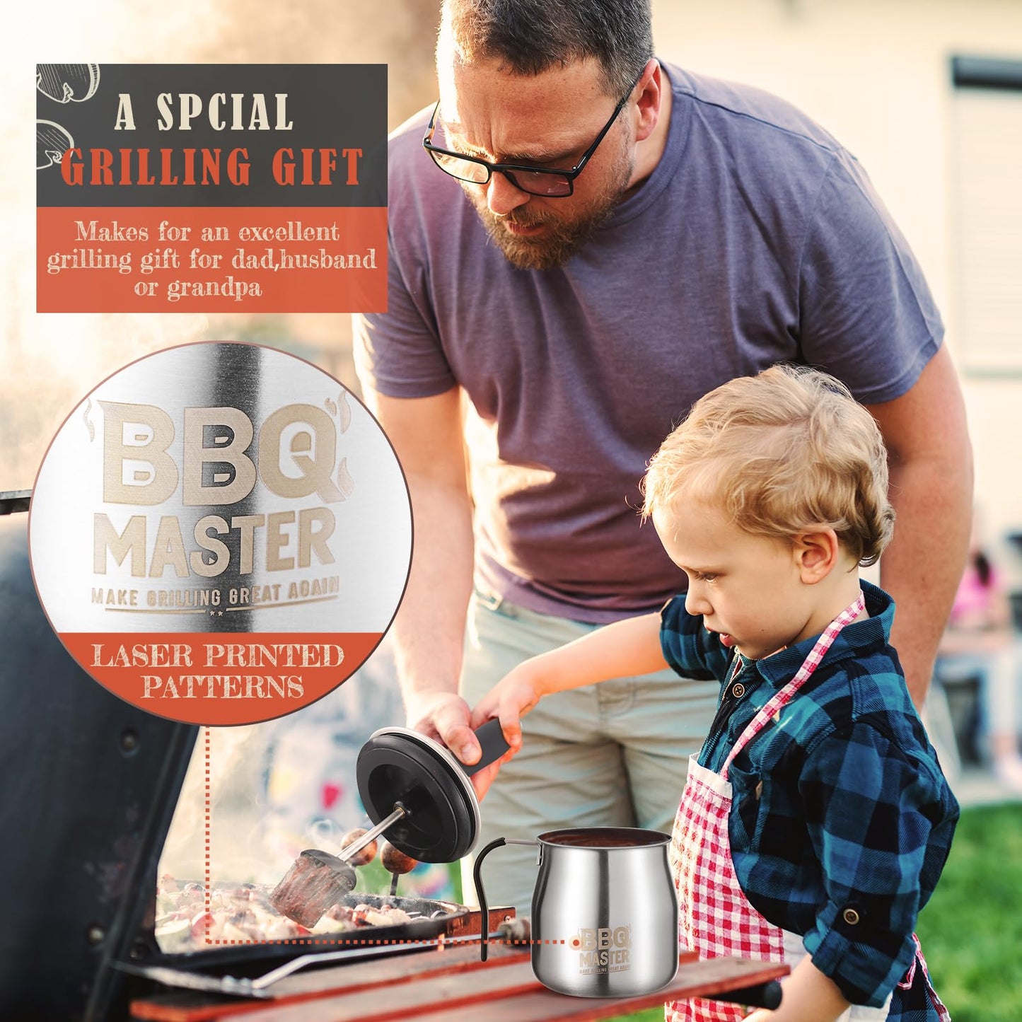 BBQ Basting Pot with Brushes，Fathers Day Grilling Gifts for Men，Stainless Steel 304 Basting Pot Brush Set,Grill Gifts for Dad,Husband,Grandpa,Airtight 32oz. Large Sauce Container BBQ Gadgets - CookCave