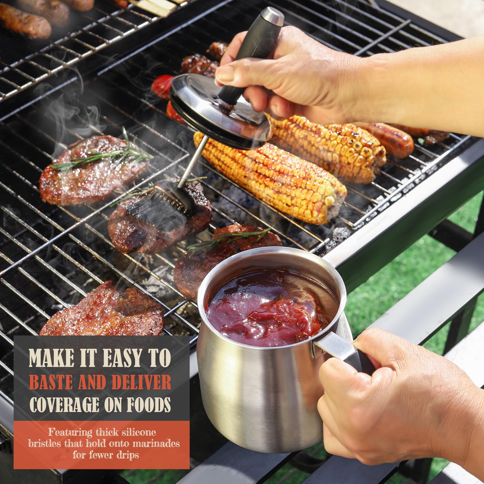 BBQ Basting Pot with Brushes，Fathers Day Grilling Gifts for Men，Stainless Steel 304 Basting Pot Brush Set,Grill Gifts for Dad,Husband,Grandpa,Airtight 32oz. Large Sauce Container BBQ Gadgets - CookCave