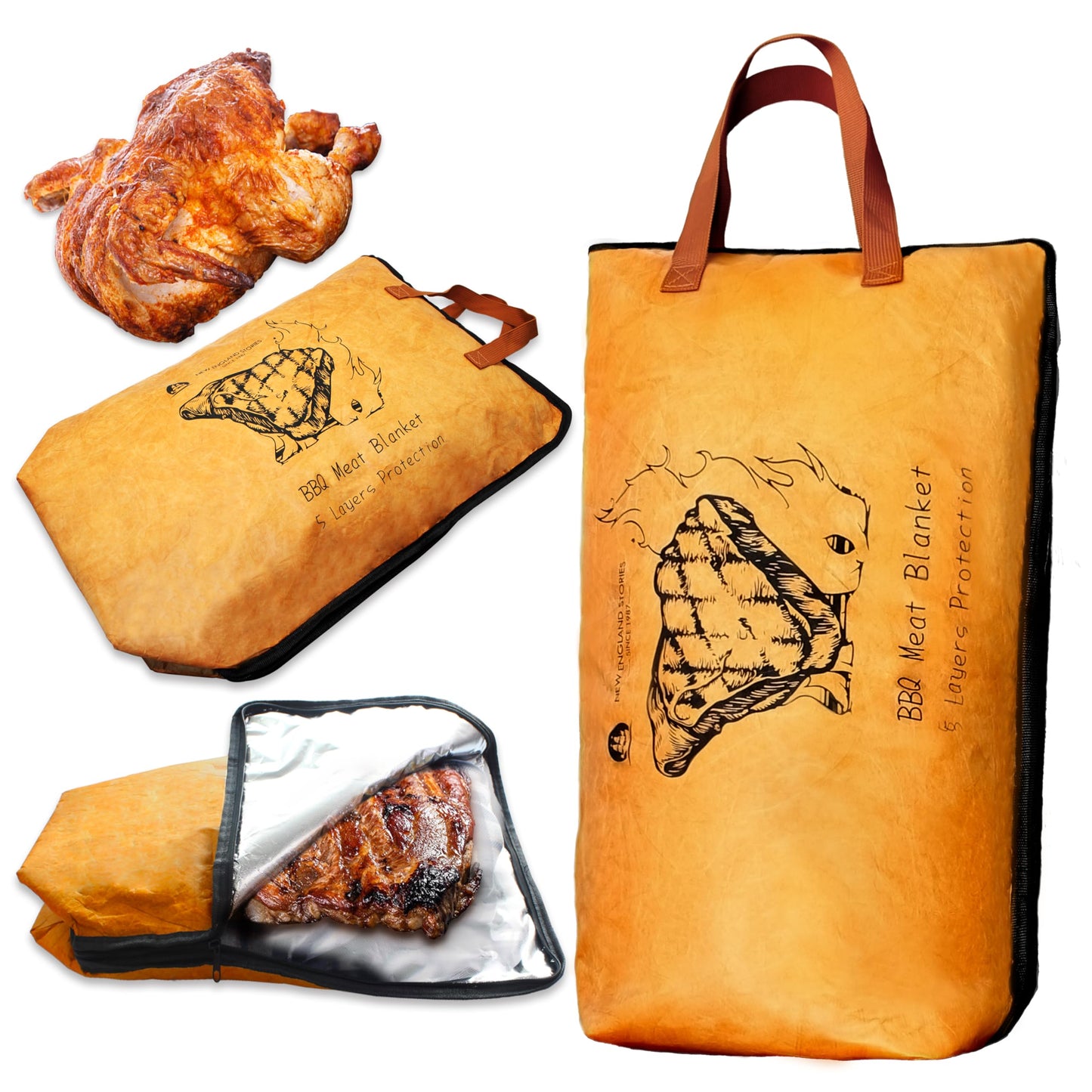 BBQ Blanket for Resting Meat, 5-Layer Insulated Meat Resting Bag for Moisture Retention and Perfect BBQ, Wide Mouth with Handle Design for Large Brisket/Pork Shoulders/Turkeys,Gifts for Men (Brown, 21 Inch) - CookCave