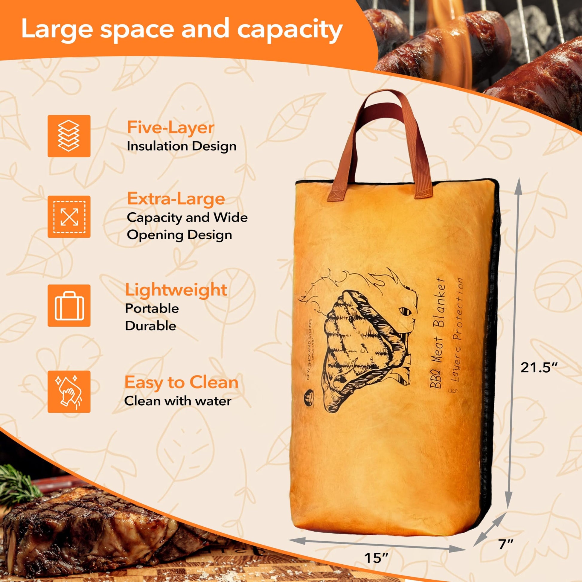 BBQ Blanket for Resting Meat, 5-Layer Insulated Meat Resting Bag for Moisture Retention and Perfect BBQ, Wide Mouth with Handle Design for Large Brisket/Pork Shoulders/Turkeys,Gifts for Men (Brown, 21 Inch) - CookCave