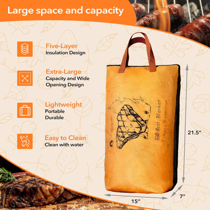 BBQ Blanket for Resting Meat, 5-Layer Insulated Meat Resting Bag for Moisture Retention and Perfect BBQ, Wide Mouth with Handle Design for Large Brisket/Pork Shoulders/Turkeys,Gifts for Men (Brown, 21 Inch) - CookCave