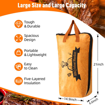 BBQ Blanket for Resting Meat,Smoker Meat Resting Blanket, Reusable Smoker Grilling Meat Insulated Resting Bag with Wide Mouth for Large Brisket/Beef/Pork Shoulders/Turkeys (BBQ Blanket 21in) - CookCave
