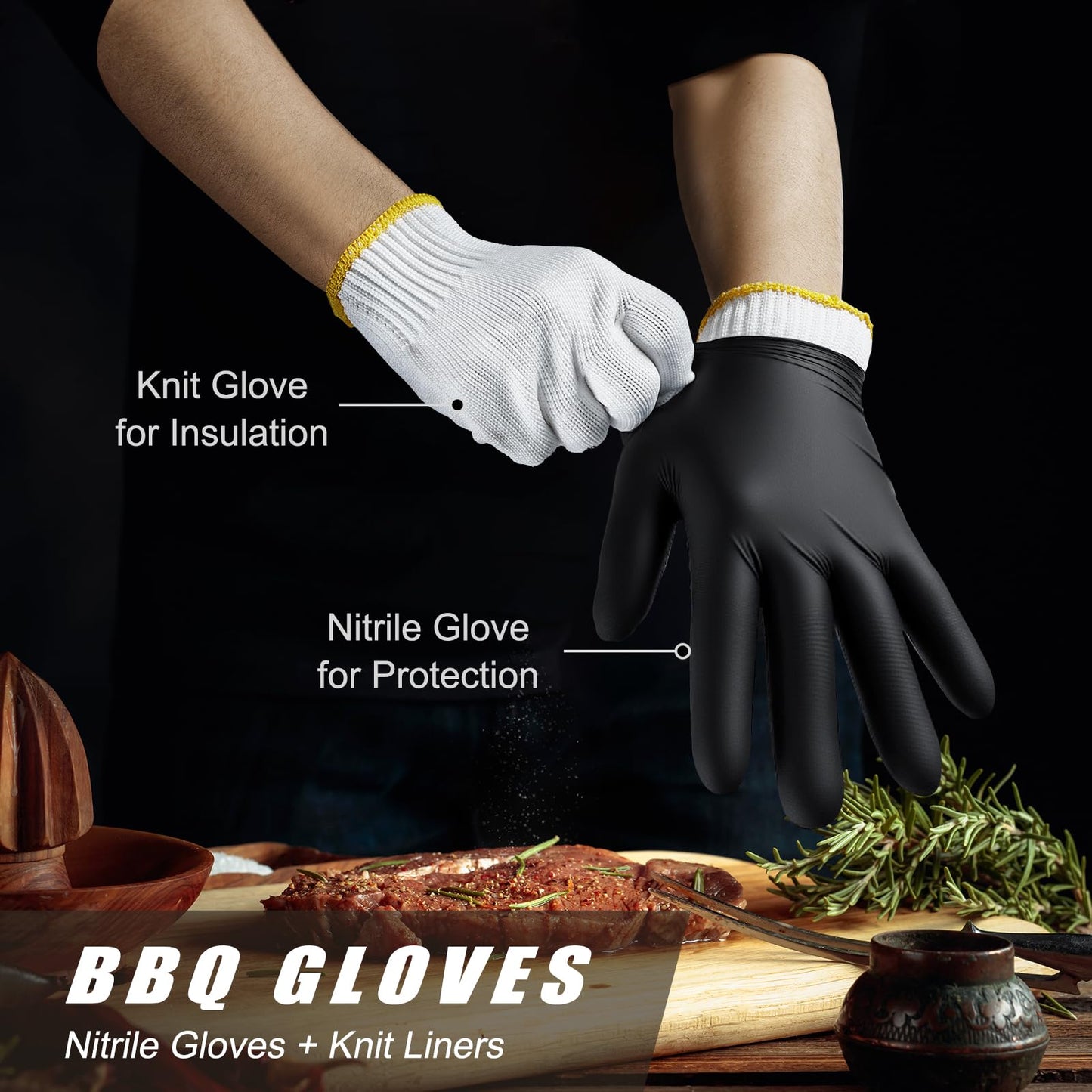 BBQ Gloves-200 Nitrile Disposable Gloves（XL）& 6 Cotton Liners, Grilling Glove, Meat Gloves, Black Cooking, Waterproof & Heat-Resistant for Smoking, Cooking, Grilling - CookCave