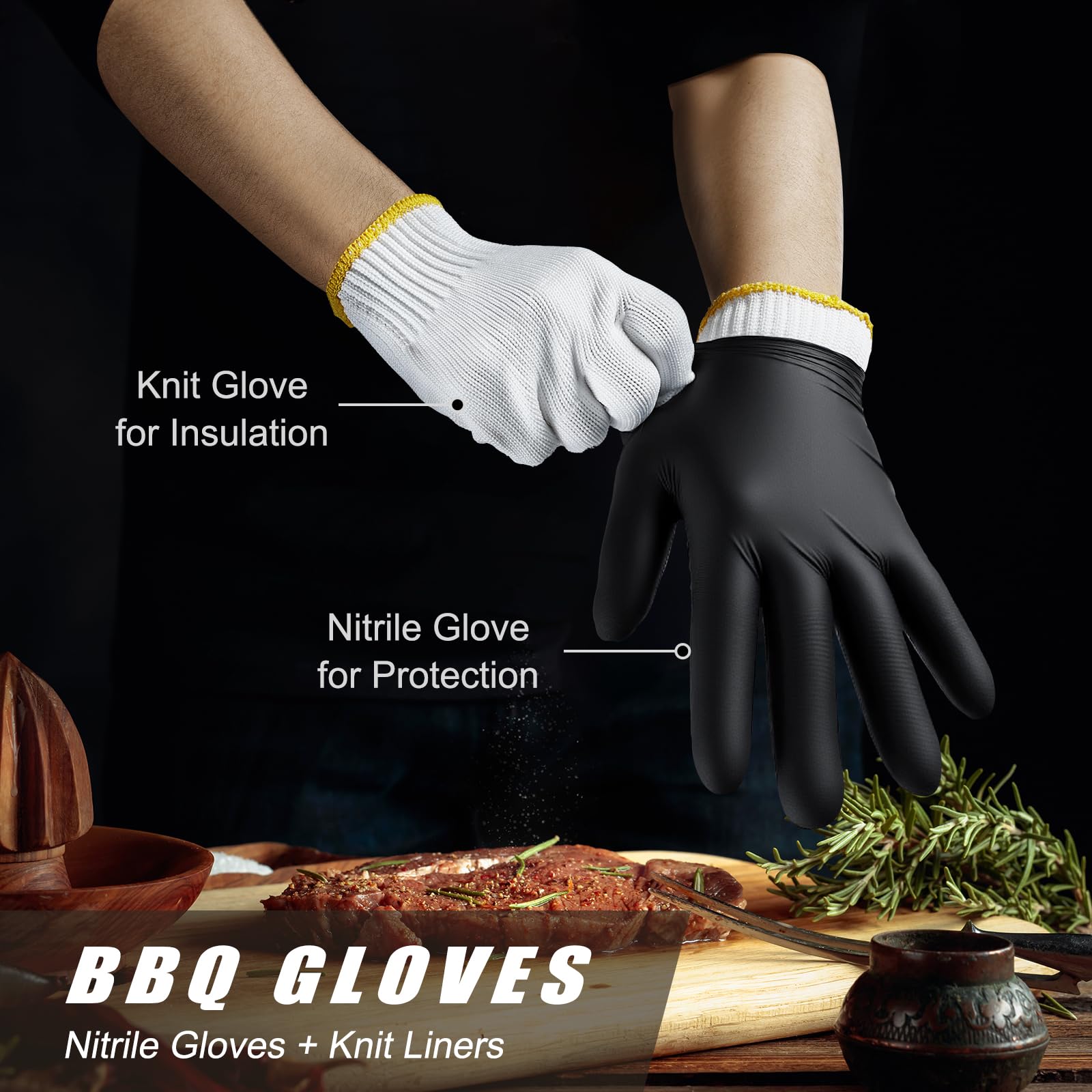 BBQ Gloves-200 Nitrile Disposable Gloves（XL）& 6 Cotton Liners, Grilling Glove, Meat Gloves, Black Cooking, Waterproof & Heat-Resistant for Smoking, Cooking, Grilling - CookCave