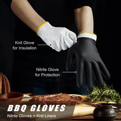 BBQ Gloves-200 Nitrile Disposable Gloves（XL）& 6 Cotton Liners, Grilling Glove, Meat Gloves, Black Cooking, Waterproof & Heat-Resistant for Smoking, Cooking, Grilling - CookCave