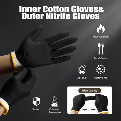 BBQ Gloves-200 Nitrile Disposable Gloves（XL）& 6 Cotton Liners, Grilling Glove, Meat Gloves, Black Cooking, Waterproof & Heat-Resistant for Smoking, Cooking, Grilling - CookCave