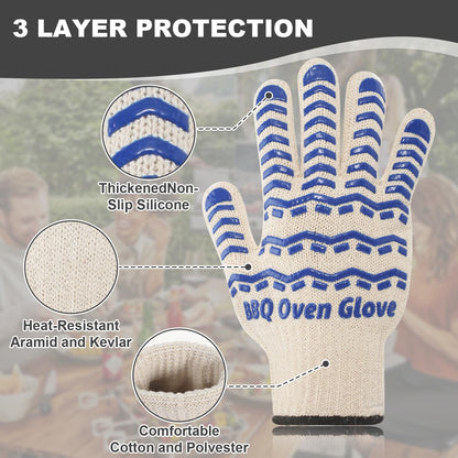 BBQ Gloves 932℉ Heat Resistant Oven Gloves, Cooking Gloves for BBQ, Grilling, Baking,Cutting, Smoker Fireplace-1 Pair(Blue) - CookCave