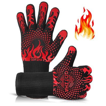 BBQ Gloves for Smoker, 1472℉ Extreme Heat Resistant Gloves, 12 Inch Silicone Non-Slip Grill Gloves with Extra Long Cuff, Safe Oven Gloves for Barbecue, Fryer, Baking, Outdoor Camping (Red) - CookCave