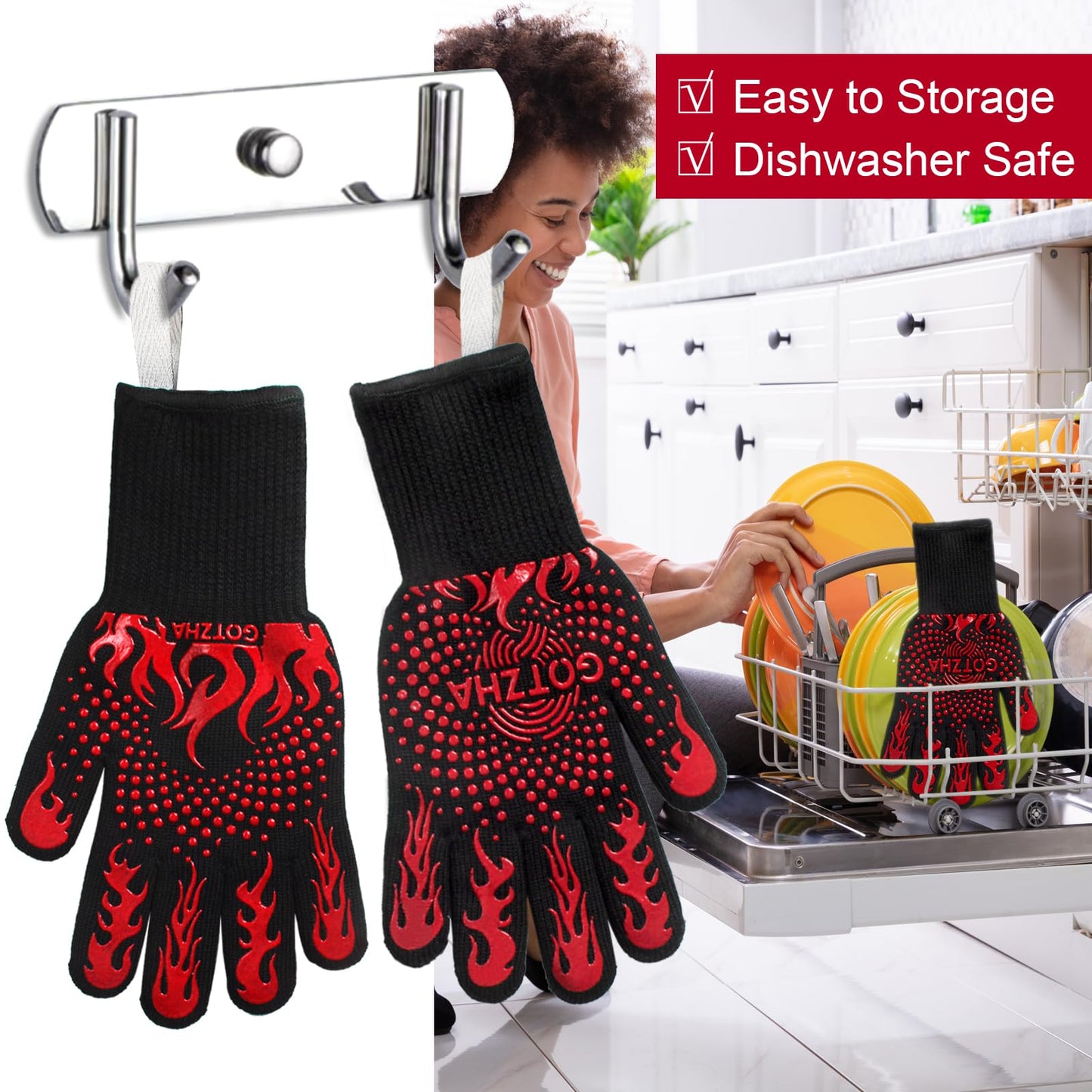 BBQ Gloves for Smoker, 1472℉ Extreme Heat Resistant Gloves, 12 Inch Silicone Non-Slip Grill Gloves with Extra Long Cuff, Safe Oven Gloves for Barbecue, Fryer, Baking, Outdoor Camping (Red) - CookCave