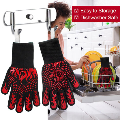 BBQ Gloves for Smoker, 1472℉ Extreme Heat Resistant Gloves, 12 Inch Silicone Non-Slip Grill Gloves with Extra Long Cuff, Safe Oven Gloves for Barbecue, Fryer, Baking, Outdoor Camping (Red) - CookCave