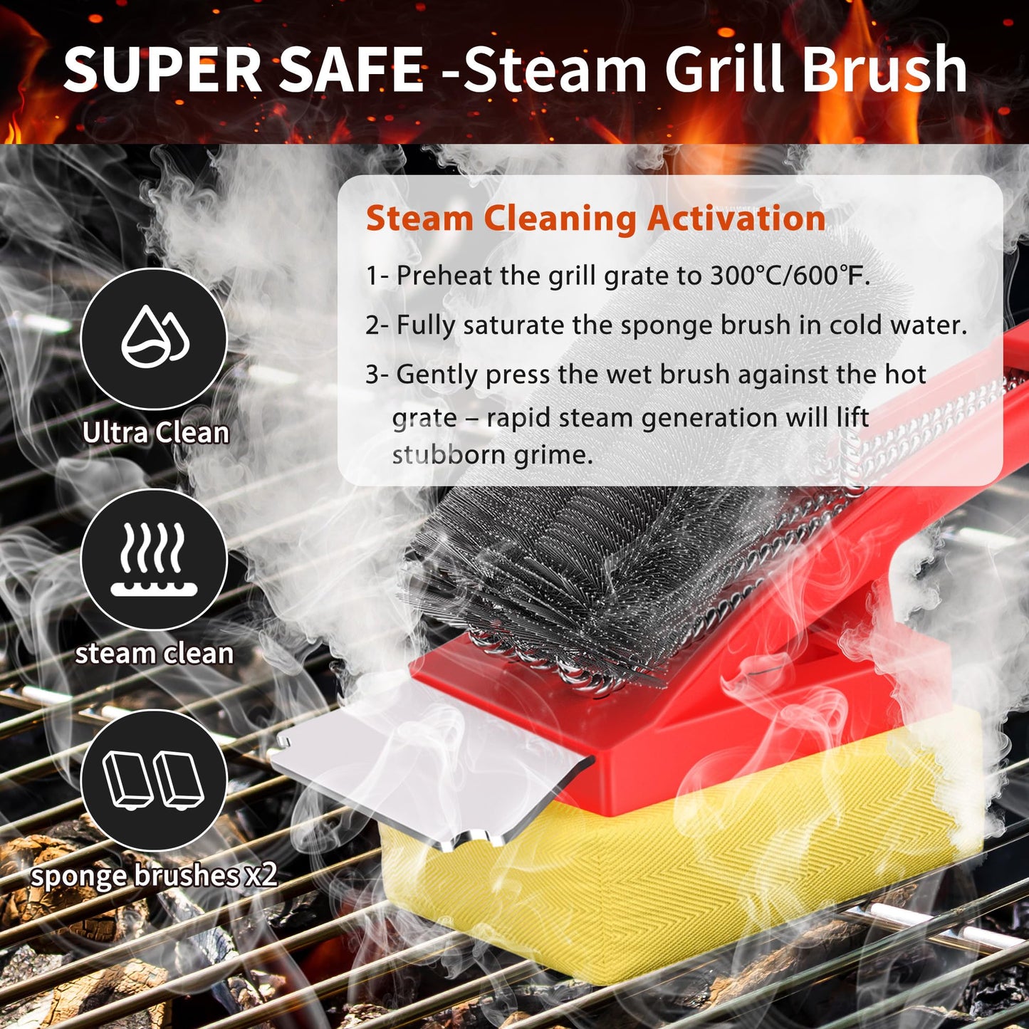 BBQ Grill Brush with Scraper-Removable BBQ Clearning Brush Head with Wire Bristles Brush & 2 Steam Brush-Grill Cleaner Brush Accessories for Gas/Charcoal Grilling Grates-Best - CookCave