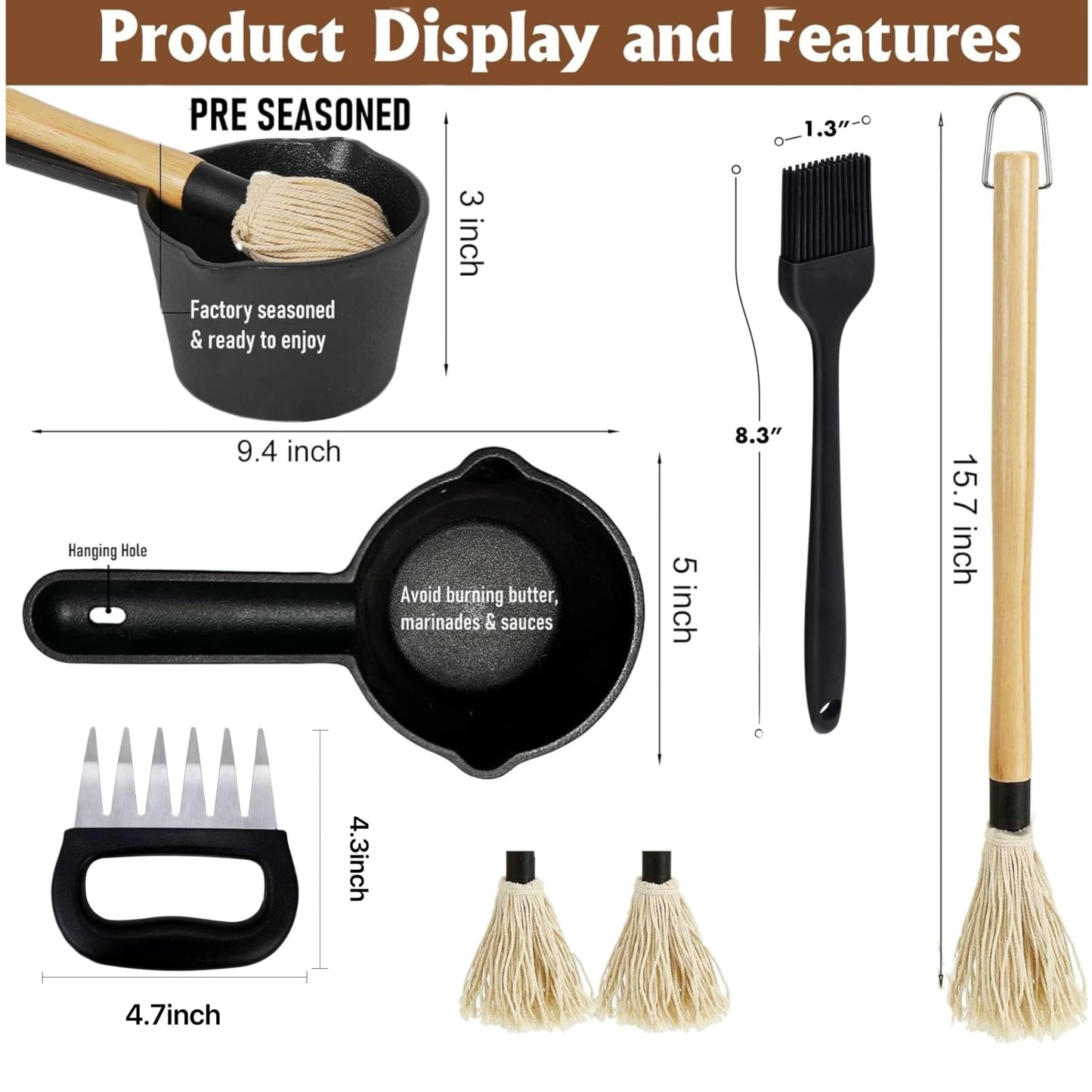 BBQ Mop Brush and Cast Iron Basting Pot - Grilling Tool Set with Basting Brush an Meat Shredder Claws for Meat Smoker, Grill and Stove(8pcs) - CookCave