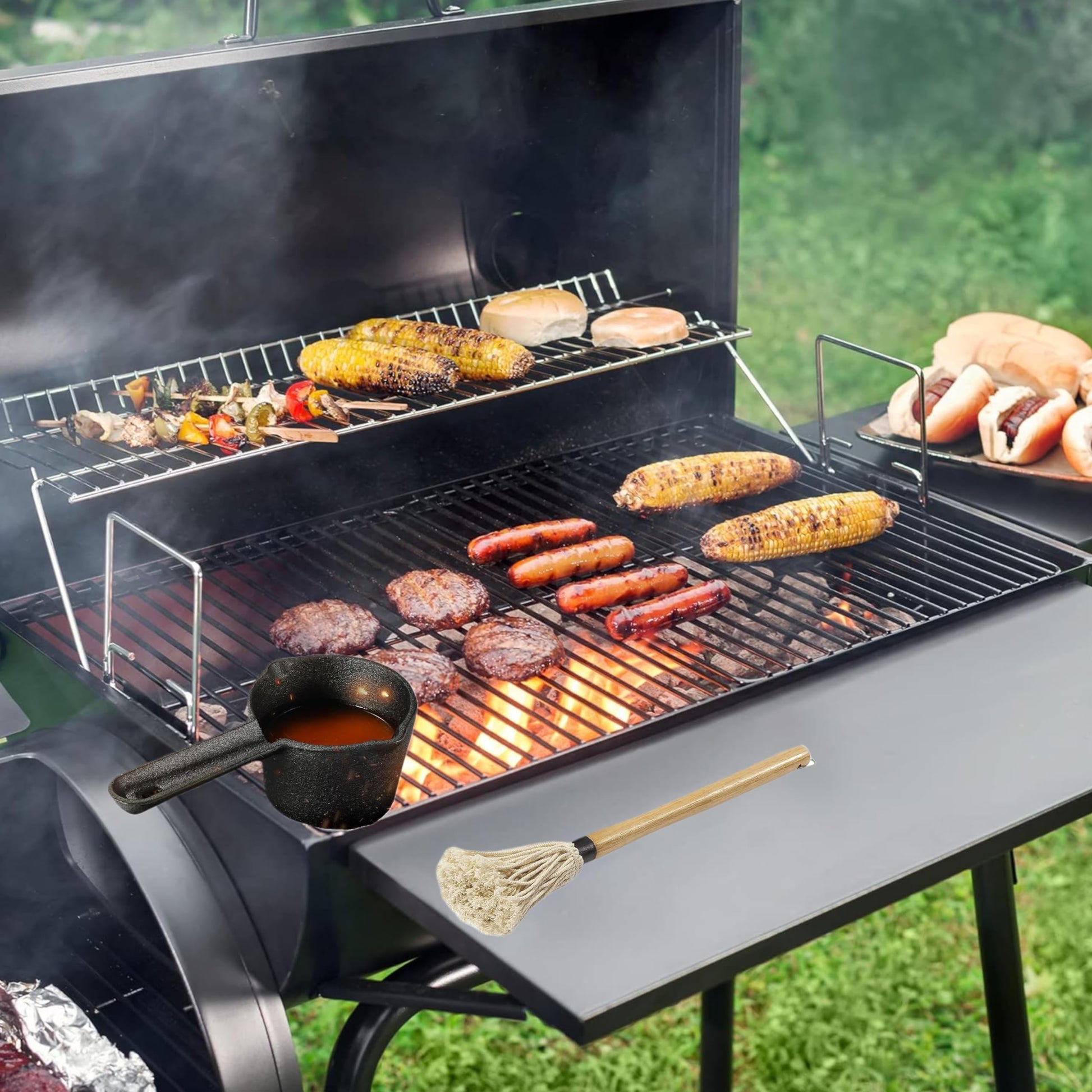 BBQ Mop Brush and Cast Iron Basting Pot - Grilling Tool Set with Basting Brush an Meat Shredder Claws for Meat Smoker, Grill and Stove(8pcs) - CookCave