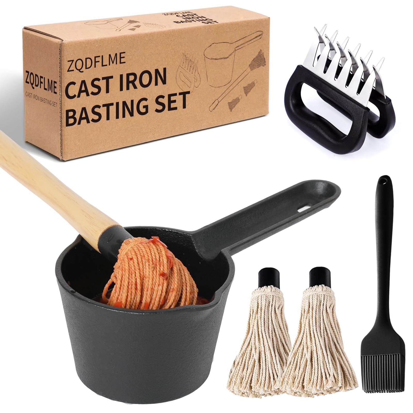 BBQ Mop Brush and Cast Iron Basting Pot - Grilling Tool Set with Basting Brush an Meat Shredder Claws for Meat Smoker, Grill and Stove(8pcs) - CookCave