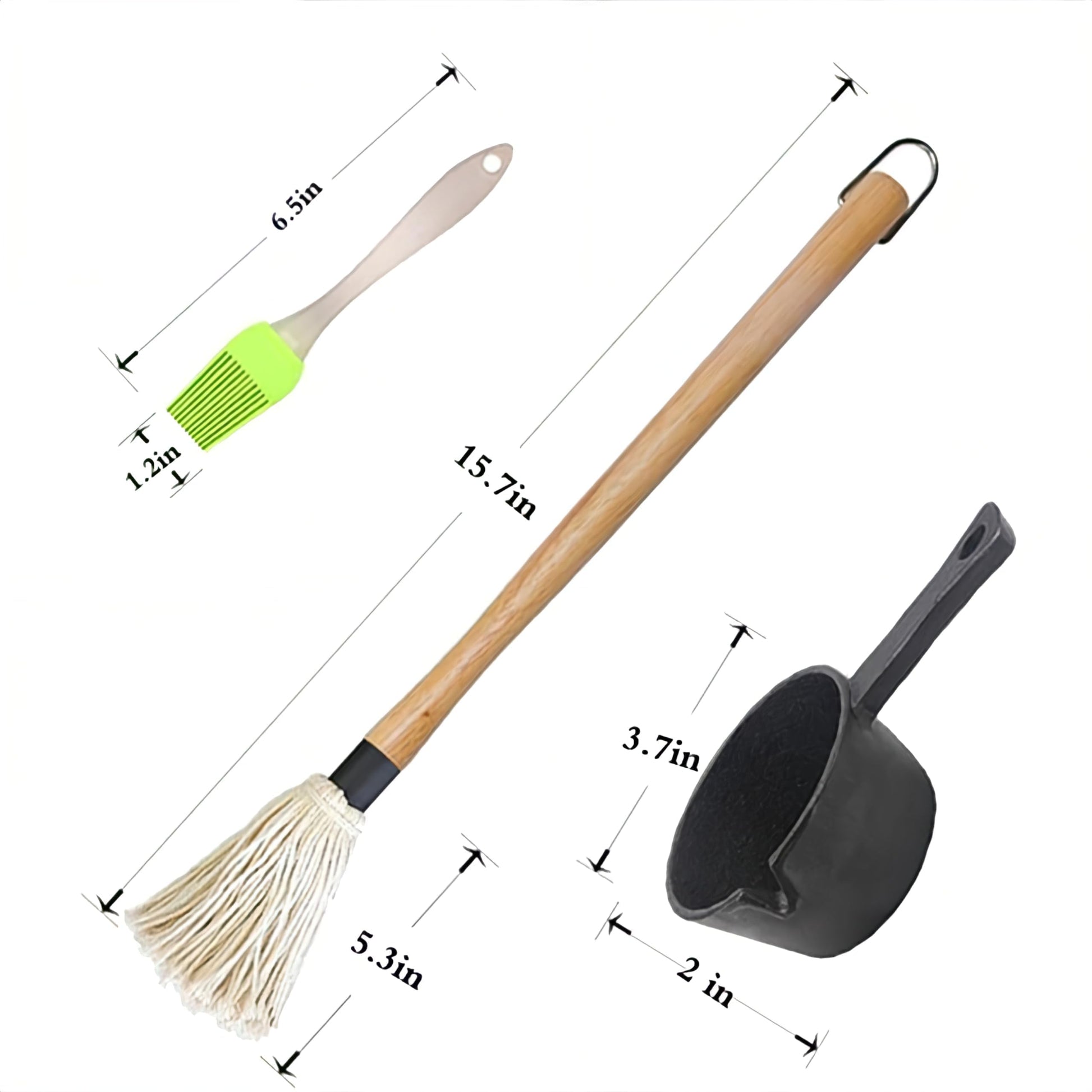 BBQ Mop Brush and Cast Iron Sauce Pot Set, 11-in-1 Value Pack includes 2Pcs Wooden Long Handle, 6 Brush Heads, 1 Cast iron BBQ Pan and 2 Silicone Brushes for Grilling all Types of Ingredients - CookCave