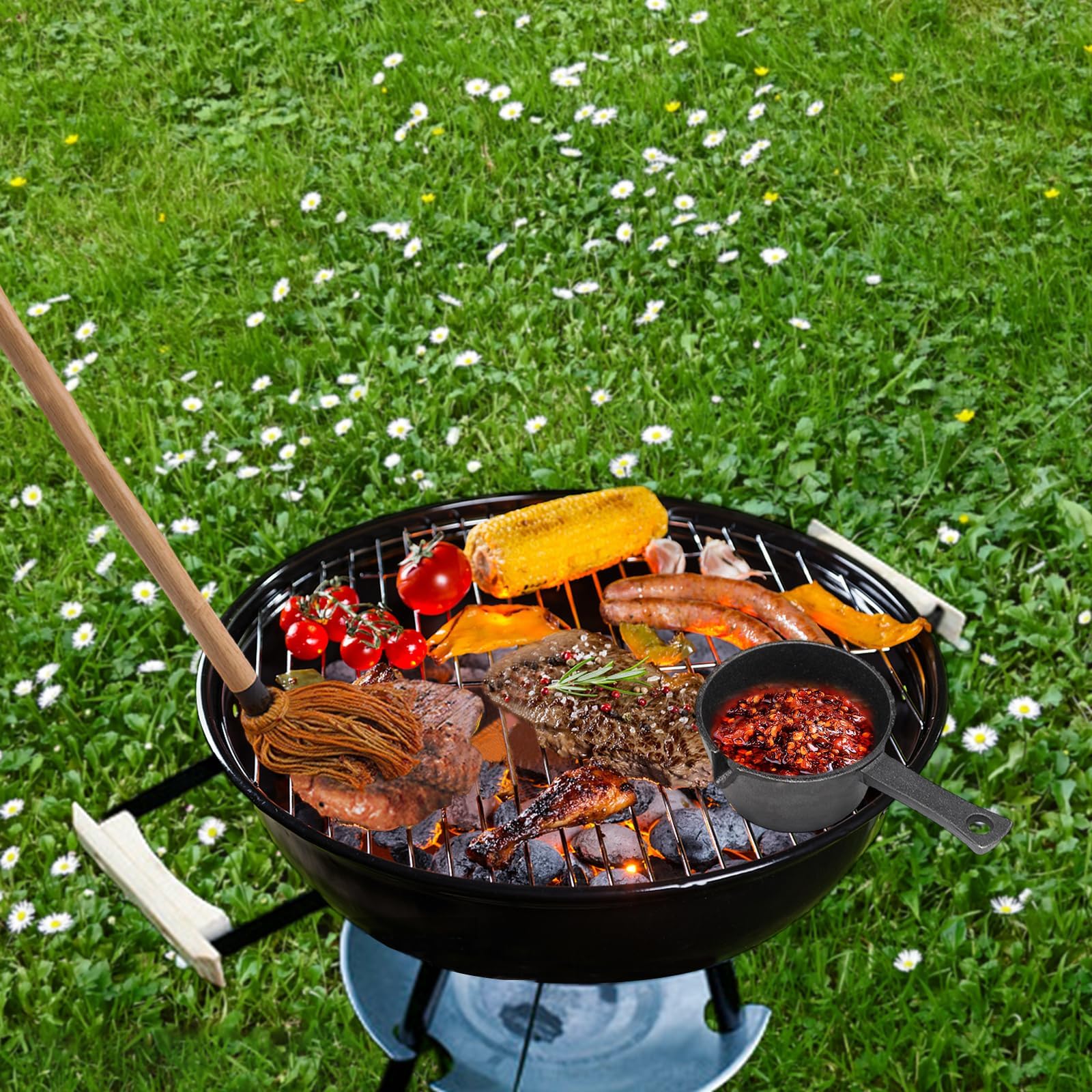 BBQ Mop Brush and Cast Iron Sauce Pot Set, 11-in-1 Value Pack includes 2Pcs Wooden Long Handle, 6 Brush Heads, 1 Cast iron BBQ Pan and 2 Silicone Brushes for Grilling all Types of Ingredients - CookCave