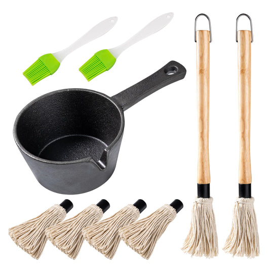 BBQ Mop Brush and Cast Iron Sauce Pot Set, 11-in-1 Value Pack includes 2Pcs Wooden Long Handle, 6 Brush Heads, 1 Cast iron BBQ Pan and 2 Silicone Brushes for Grilling all Types of Ingredients - CookCave