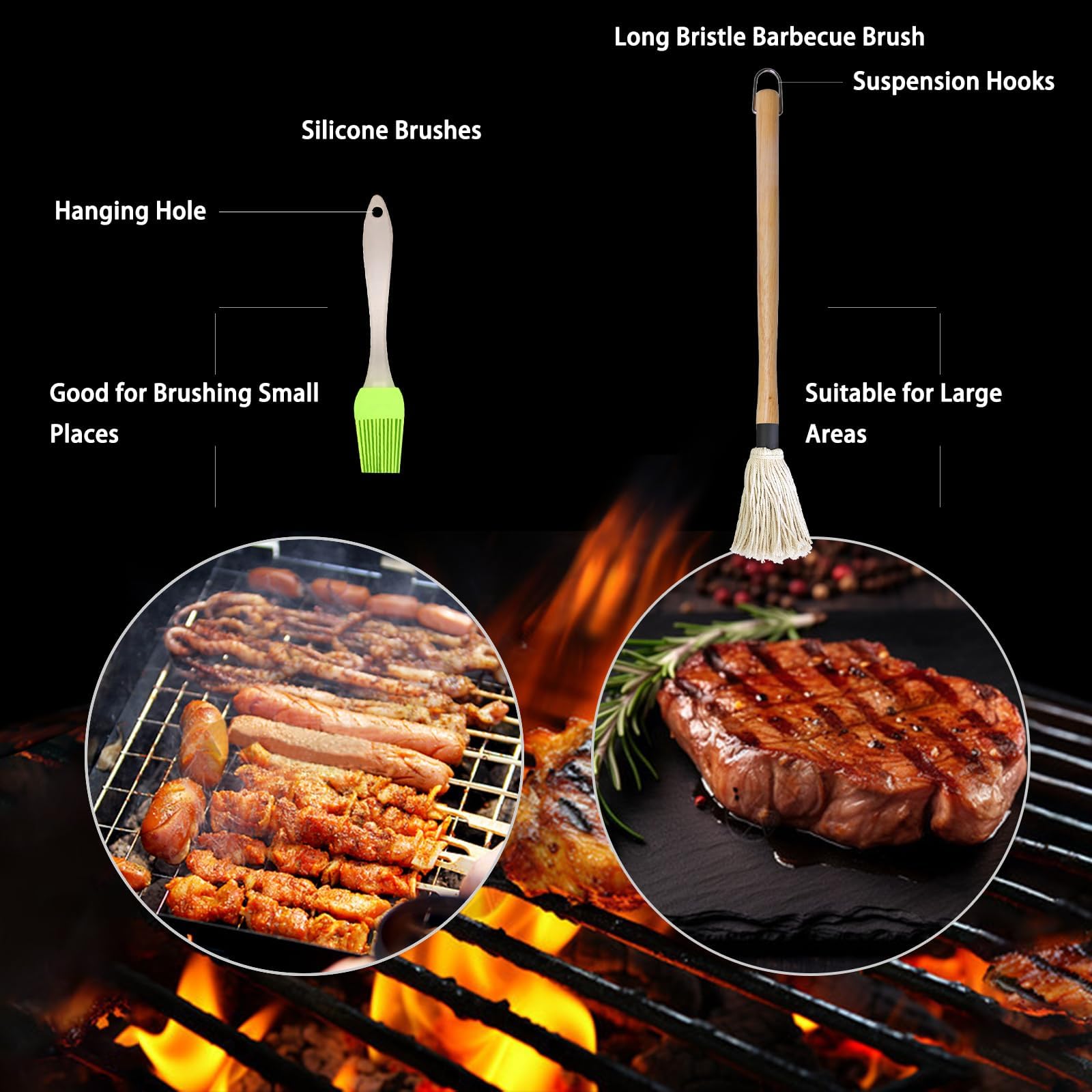 BBQ Mop Brush and Cast Iron Sauce Pot Set, 11-in-1 Value Pack includes 2Pcs Wooden Long Handle, 6 Brush Heads, 1 Cast iron BBQ Pan and 2 Silicone Brushes for Grilling all Types of Ingredients - CookCave