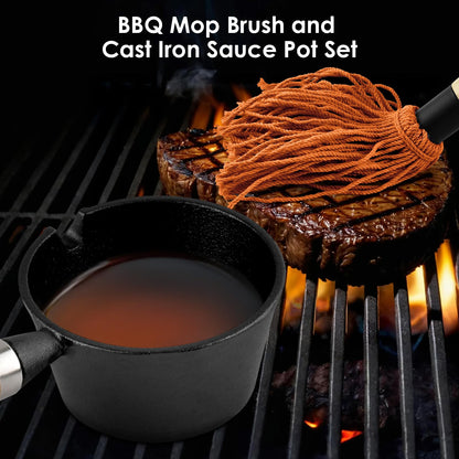 BBQ Mop Brush and Cast Iron Sauce Pot Set, 8Pcs Barbecue Accessories Include Basting Melting Pot, 2 Size Wooden Handle Sauce Mops with 4Pcs Replacements and Oil Brush for Meat Smoker, Grill, Stove - CookCave