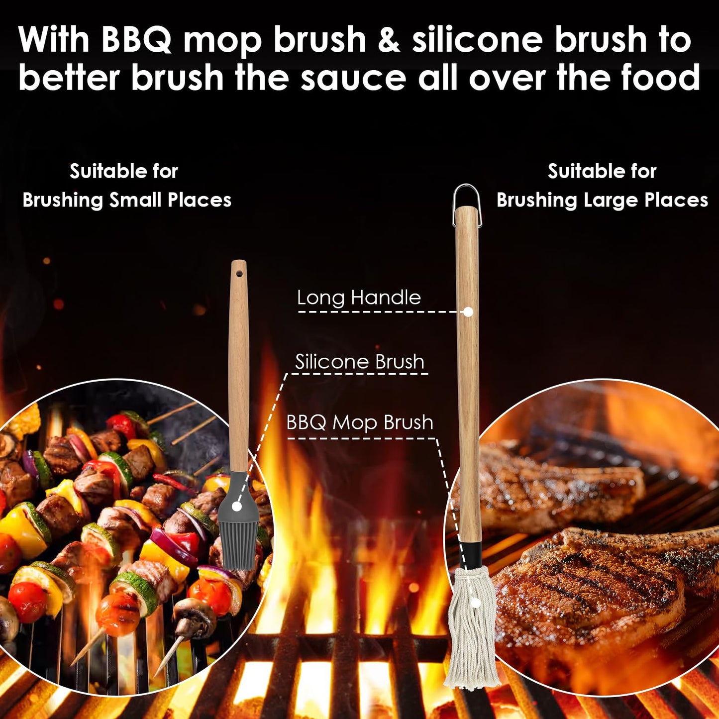 BBQ Mop Brush and Cast Iron Sauce Pot Set, 8Pcs Barbecue Accessories Include Basting Melting Pot, 2 Size Wooden Handle Sauce Mops with 4Pcs Replacements and Oil Brush for Meat Smoker, Grill, Stove - CookCave