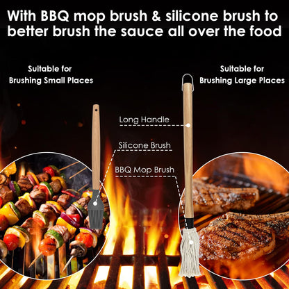 BBQ Mop Brush and Cast Iron Sauce Pot Set, 8Pcs Barbecue Accessories Include Basting Melting Pot, 2 Size Wooden Handle Sauce Mops with 4Pcs Replacements and Oil Brush for Meat Smoker, Grill, Stove - CookCave