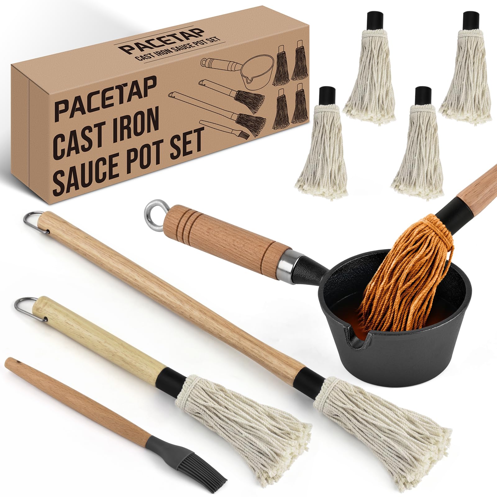 BBQ Mop Brush and Cast Iron Sauce Pot Set, 8Pcs Barbecue Accessories Include Basting Melting Pot, 2 Size Wooden Handle Sauce Mops with 4Pcs Replacements and Oil Brush for Meat Smoker, Grill, Stove - CookCave