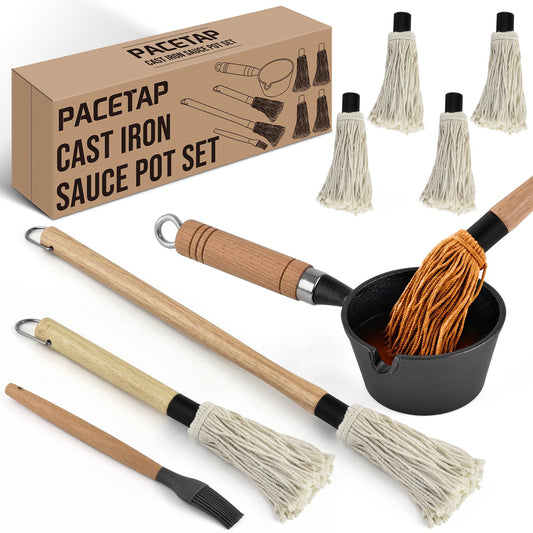 BBQ Mop Brush and Cast Iron Sauce Pot Set, 8Pcs Barbecue Accessories Include Basting Melting Pot, 2 Size Wooden Handle Sauce Mops with 4Pcs Replacements and Oil Brush for Meat Smoker, Grill, Stove - CookCave