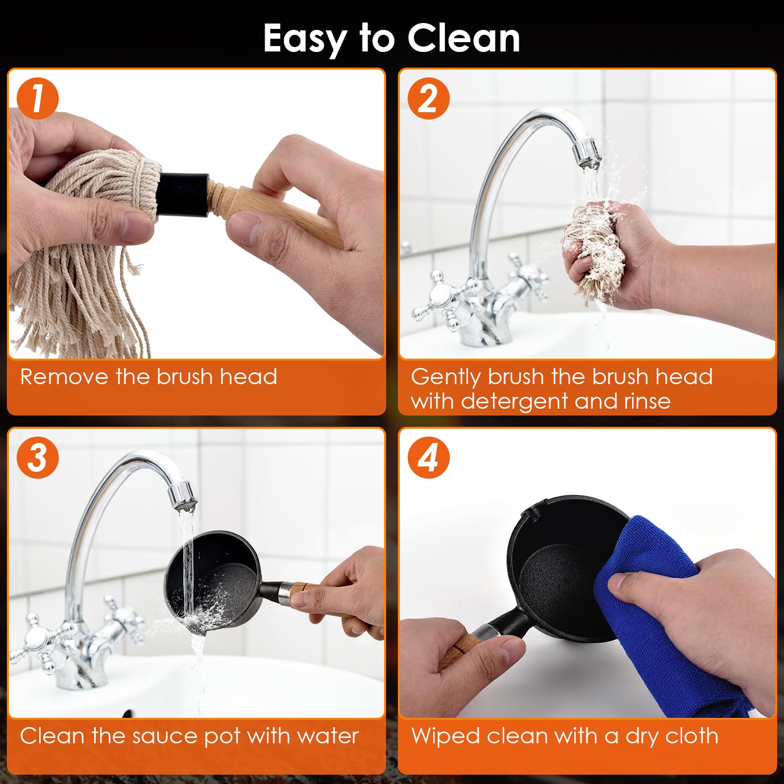 BBQ Mop Brush and Cast Iron Sauce Pot Set, 8Pcs Barbecue Accessories Include Basting Melting Pot, 2 Size Wooden Handle Sauce Mops with 4Pcs Replacements and Oil Brush for Meat Smoker, Grill, Stove - CookCave