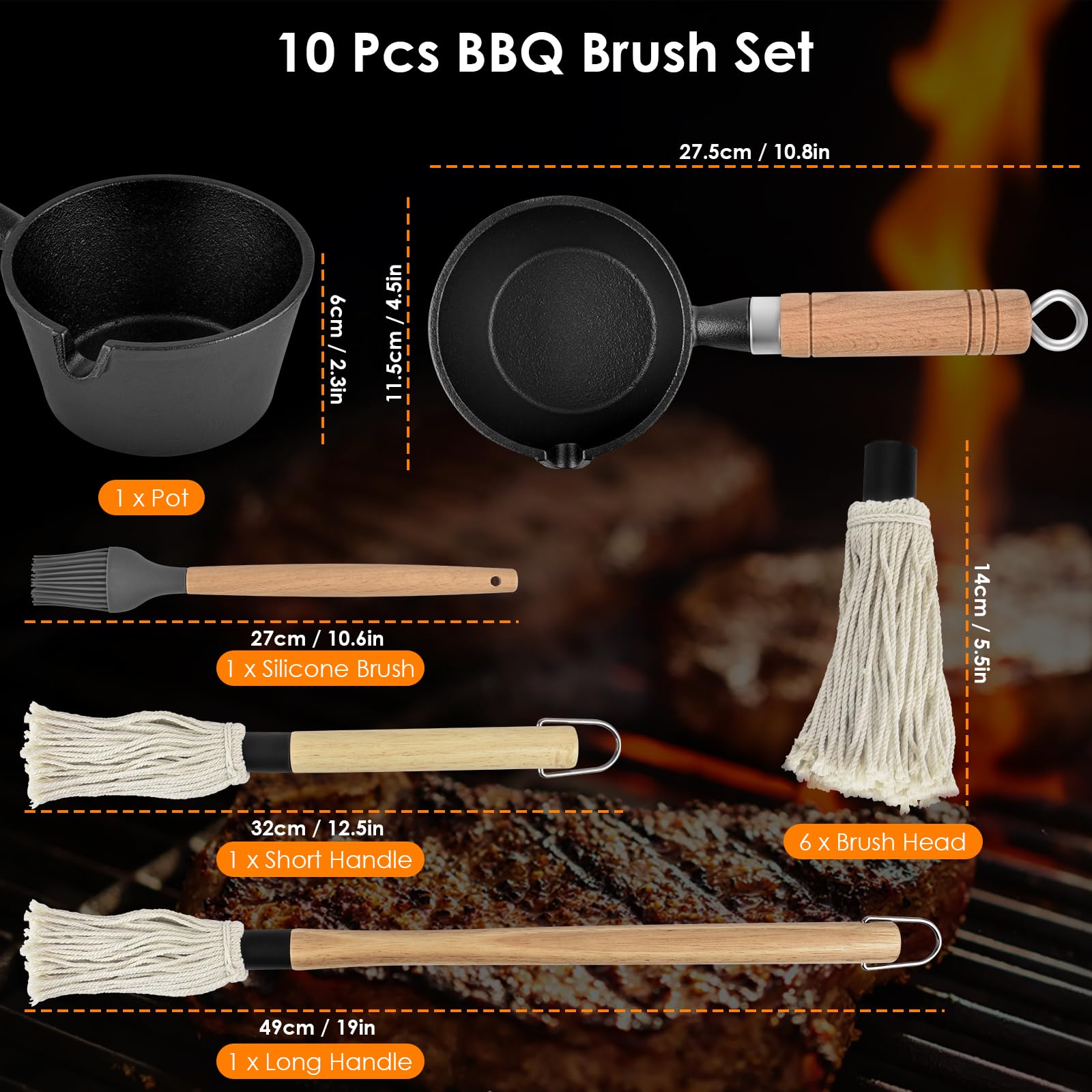 BBQ Mop Brush and Cast Iron Sauce Pot Set, 8Pcs Barbecue Accessories Include Basting Melting Pot, 2 Size Wooden Handle Sauce Mops with 4Pcs Replacements and Oil Brush for Meat Smoker, Grill, Stove - CookCave