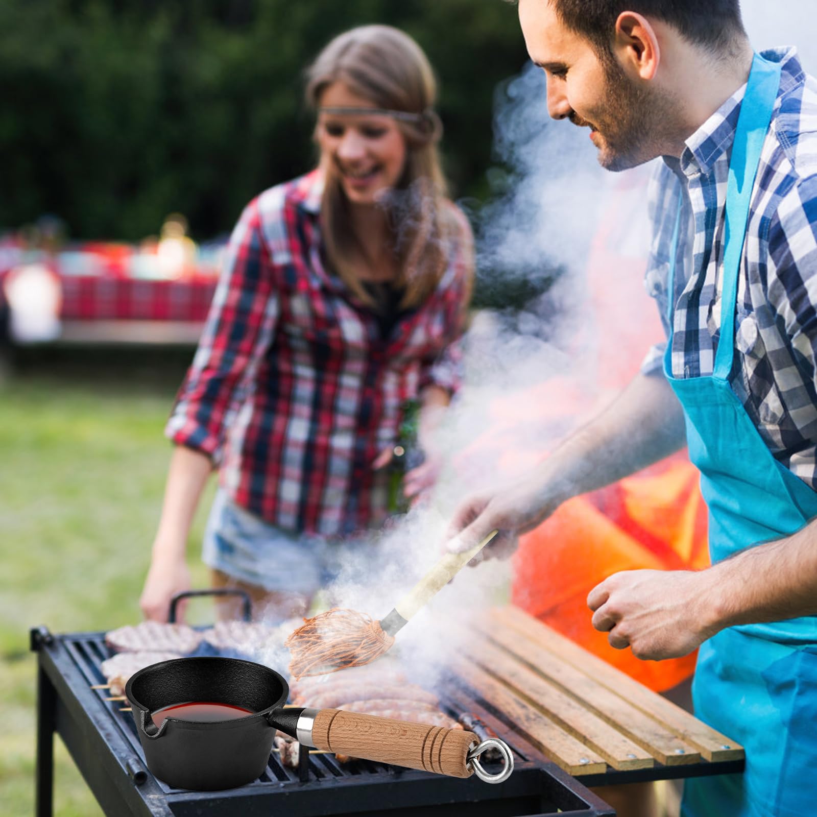 BBQ Mop Brush and Cast Iron Sauce Pot Set, 8Pcs Barbecue Accessories Include Basting Melting Pot, 2 Size Wooden Handle Sauce Mops with 4Pcs Replacements and Oil Brush for Meat Smoker, Grill, Stove - CookCave