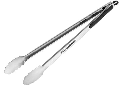 BBQ Tongs for Grilling, 17" Long Kitchen Cooking Stainless Steel Heavy Duty Locking Grill Tongs with Soft Grip Silicone Handle - CookCave