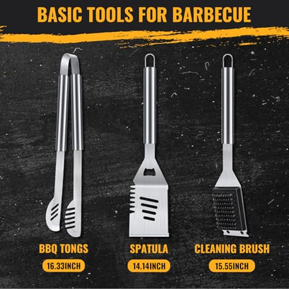BBQ Tool Grilling Accessories, 16-Inch Stainless Steel BBQ Grill Tools Set for Men, Heavy Duty Grilling Accessories Kit for Camping, Kitchen, 3 PCS Extra Thick Barbecue Utensil - CookCave