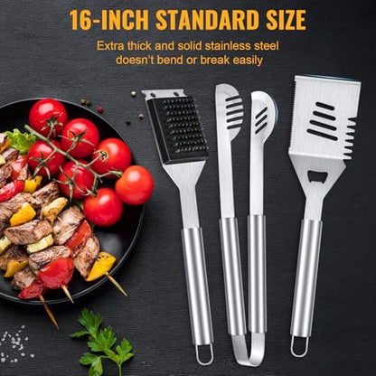 BBQ Tool Grilling Accessories, 16-Inch Stainless Steel BBQ Grill Tools Set for Men, Heavy Duty Grilling Accessories Kit for Camping, Kitchen, 3 PCS Extra Thick Barbecue Utensil - CookCave