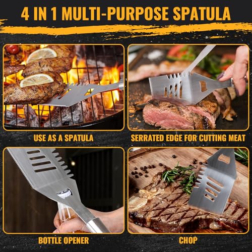BBQ Tool Grilling Accessories, 16-Inch Stainless Steel BBQ Grill Tools Set for Men, Heavy Duty Grilling Accessories Kit for Camping, Kitchen, 3 PCS Extra Thick Barbecue Utensil - CookCave