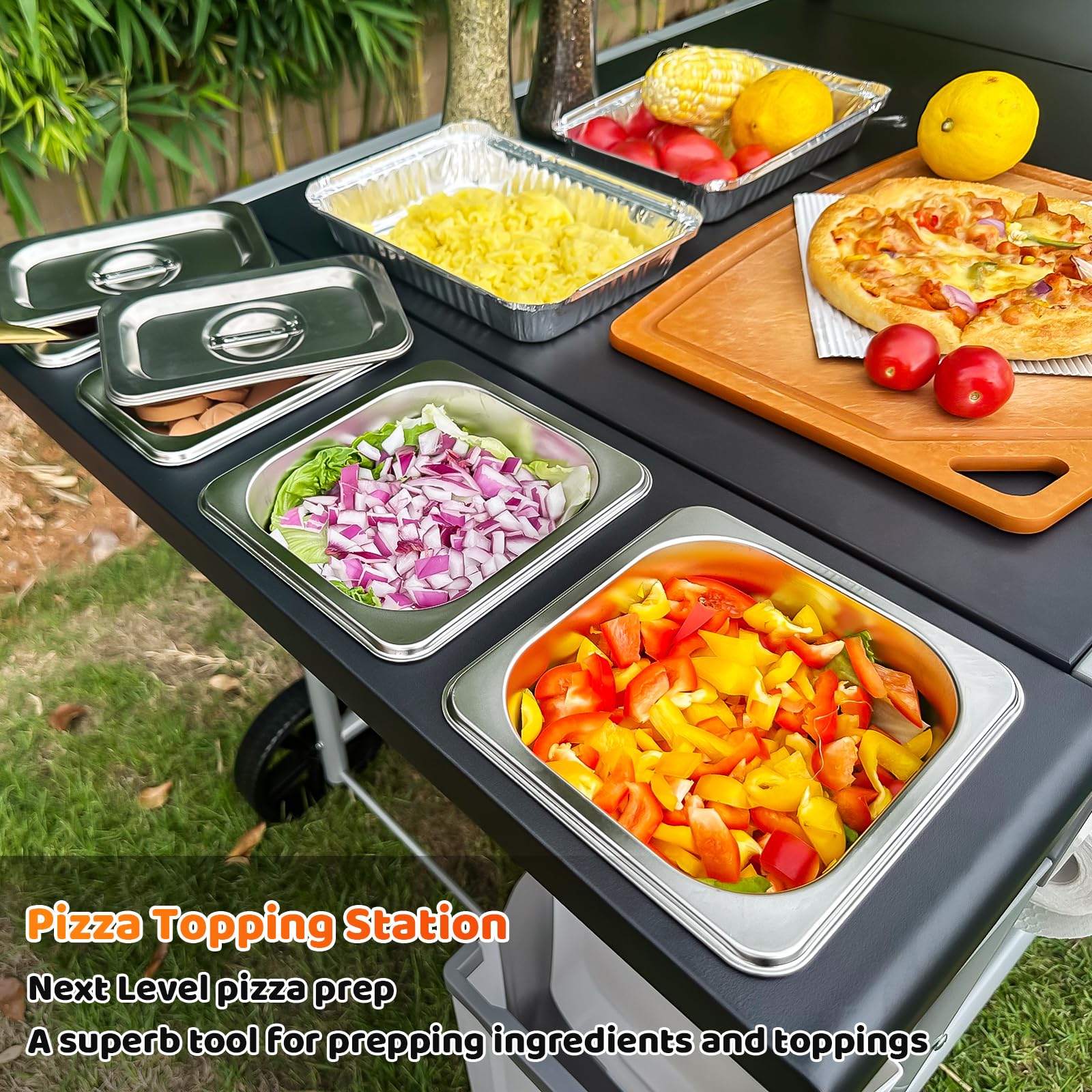 BBQMall Pizza Oven Table Grill Cart with Pizza Topping Station Movable Food and Prep Workcart Outdoor Grill Table Stand for Ninja Woodfire Blackstone Griddle Cuisinart etc Grill - CookCave