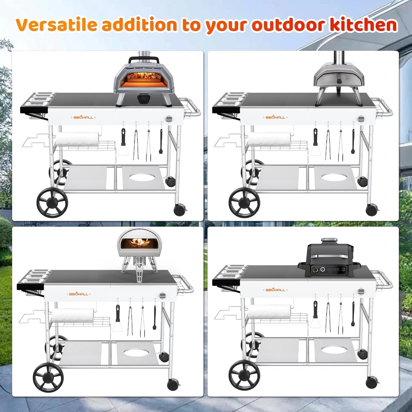 BBQMall Pizza Oven Table Grill Cart with Pizza Topping Station Movable Food and Prep Workcart Outdoor Grill Table Stand for Ninja Woodfire Blackstone Griddle Cuisinart etc Grill - CookCave