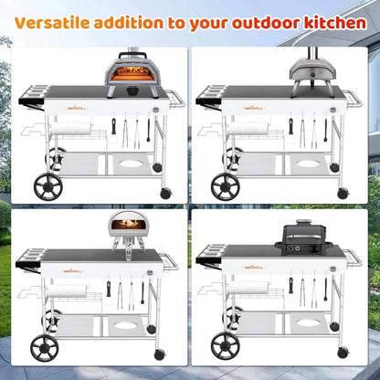 BBQMall Pizza Oven Table Grill Cart with Pizza Topping Station Movable Food and Prep Workcart Outdoor Grill Table Stand for Ninja Woodfire Blackstone Griddle Cuisinart etc Grill - CookCave