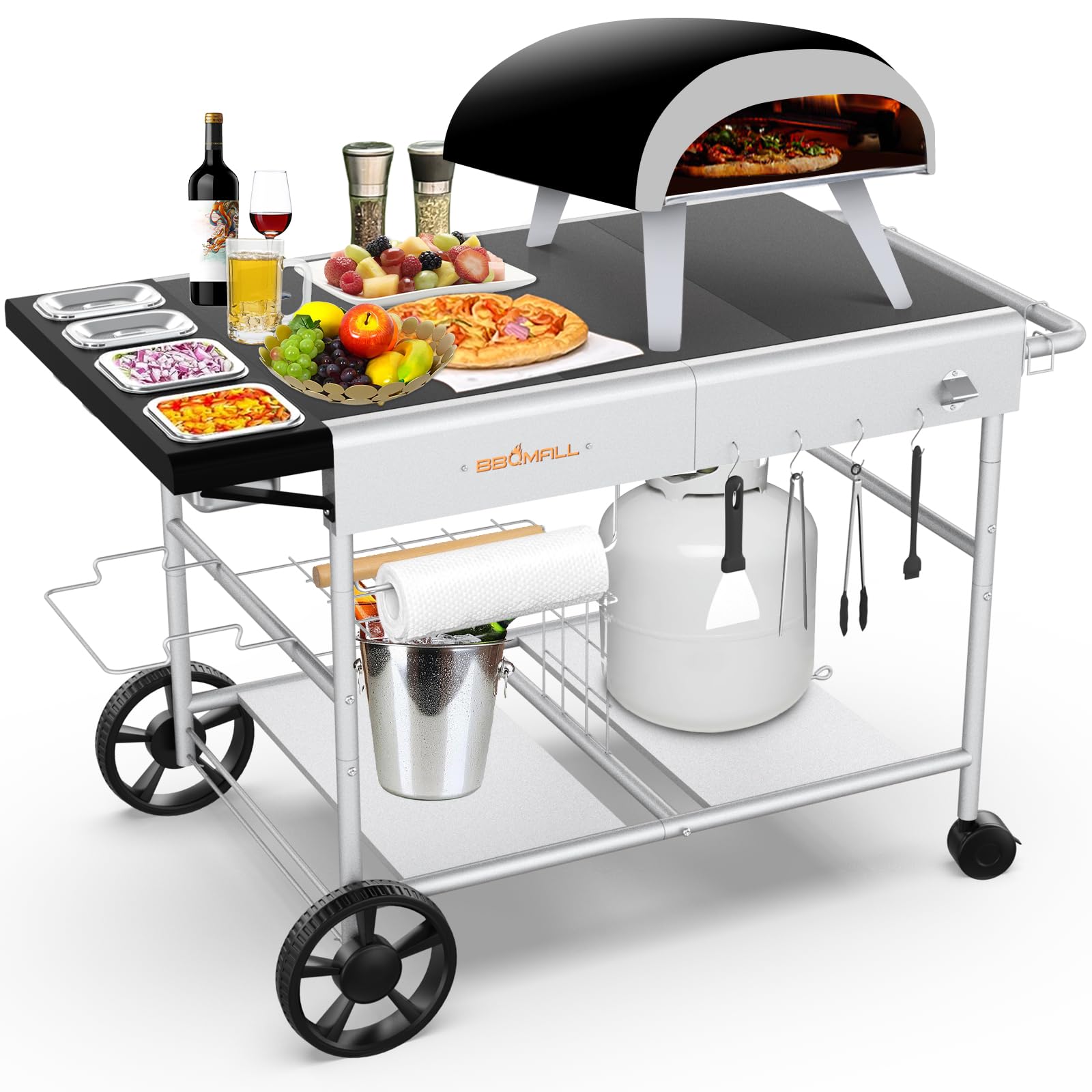 BBQMall Pizza Oven Table Grill Cart with Pizza Topping Station Movable Food and Prep Workcart Outdoor Grill Table Stand for Ninja Woodfire Blackstone Griddle Cuisinart etc Grill - CookCave