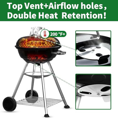 BEAU JARDIN 18 Inch BBQ Charcoal Grill for Outdoor Cooking Portable Smoker Camping Barbecue Coal Kettle Heat Preservation Dual Venting System Heavy Duty with Thickened Wheels for Small Patio Backyard - CookCave