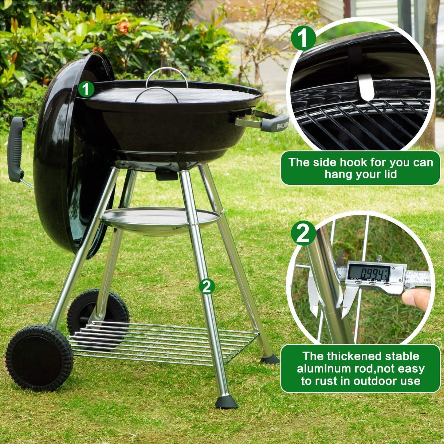 BEAU JARDIN 18 Inch BBQ Charcoal Grill for Outdoor Cooking Portable Smoker Camping Barbecue Coal Kettle Heat Preservation Dual Venting System Heavy Duty with Thickened Wheels for Small Patio Backyard - CookCave
