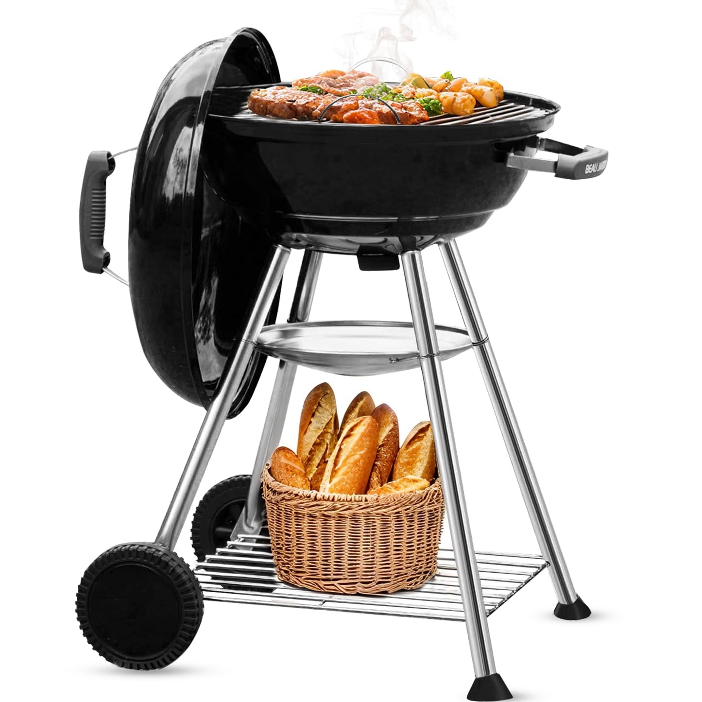 BEAU JARDIN 18 Inch BBQ Charcoal Grill for Outdoor Cooking Portable Smoker Camping Barbecue Coal Kettle Heat Preservation Dual Venting System Heavy Duty with Thickened Wheels for Small Patio Backyard - CookCave