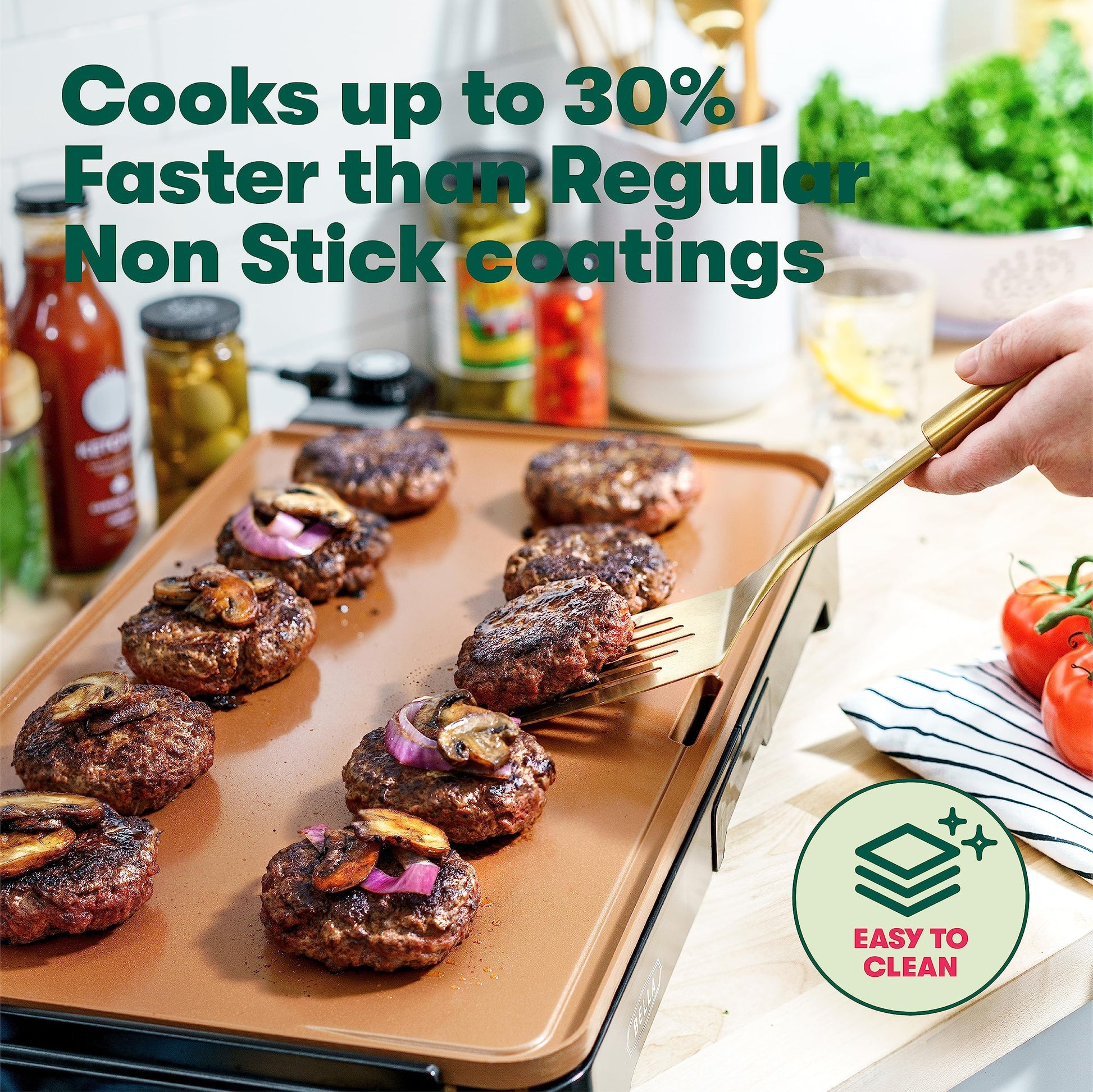 BELLA XL Electric Ceramic Titanium Griddle, Make 15 Eggs At Once, Healthy-Eco Non-stick Coating, Hassle-Free Clean Up, Large Submersible Cooking Surface, 12" x 22", Copper/Black - CookCave