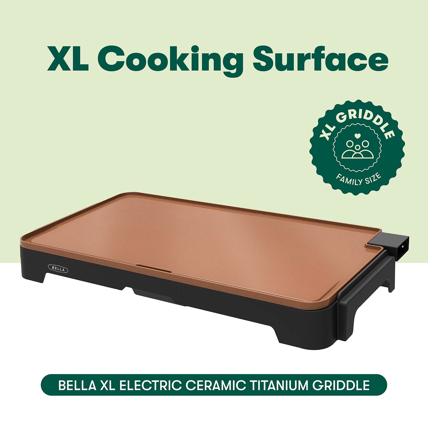 BELLA XL Electric Ceramic Titanium Griddle, Make 15 Eggs At Once, Healthy-Eco Non-stick Coating, Hassle-Free Clean Up, Large Submersible Cooking Surface, 12" x 22", Copper/Black - CookCave
