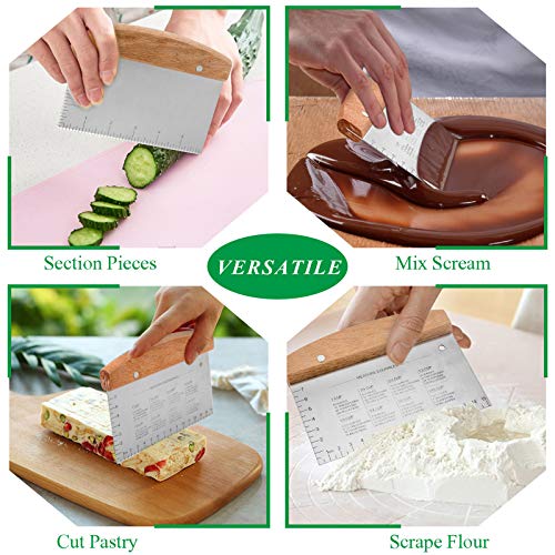 Bench Scraper Set of 2, HaSteeL Metal Dough Scraper Cutter Pastry Chopper with Wooden Handle, Heavy Duty Stainless Steel Griddle Scraper with Measuring Marks for Cooking Baking Grilling - CookCave