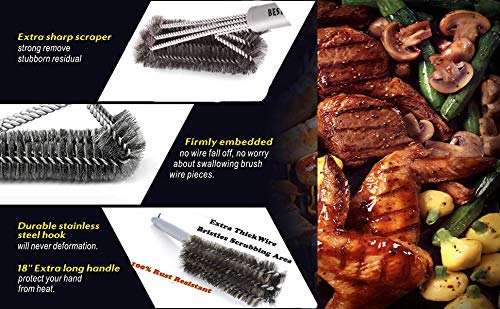 Best BBQ Grill Brush Stainless Steel 18" Barbecue Cleaning Brush w/Wire Bristles & Soft Comfortable Handle - Perfect Cleaner & Scraper for Grill Cooking Grates - CookCave