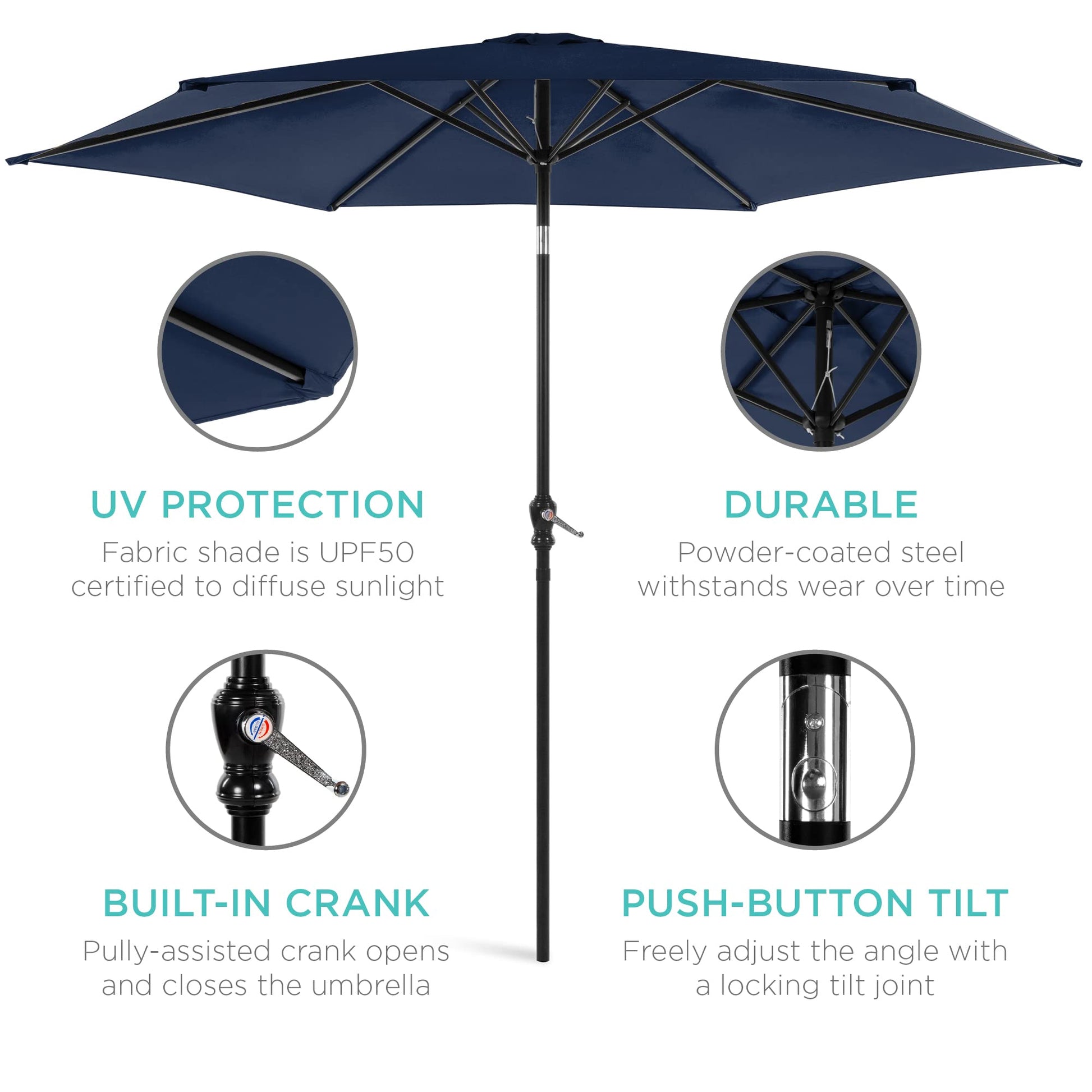 Best Choice Products 10ft Outdoor Steel Polyester Market Patio Umbrella w/Crank, Easy Push Button, Tilt, Table Compatible - Navy Blue - CookCave