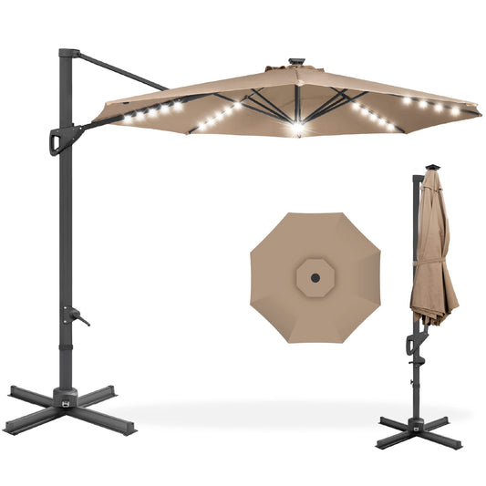Best Choice Products 10ft Solar LED Cantilever Patio Umbrella, 360-Degree Rotation Hanging Offset Market Outdoor Sun Shade for Backyard, Deck, Poolside w/Lights, Easy Tilt, Cross Base - Tan - CookCave