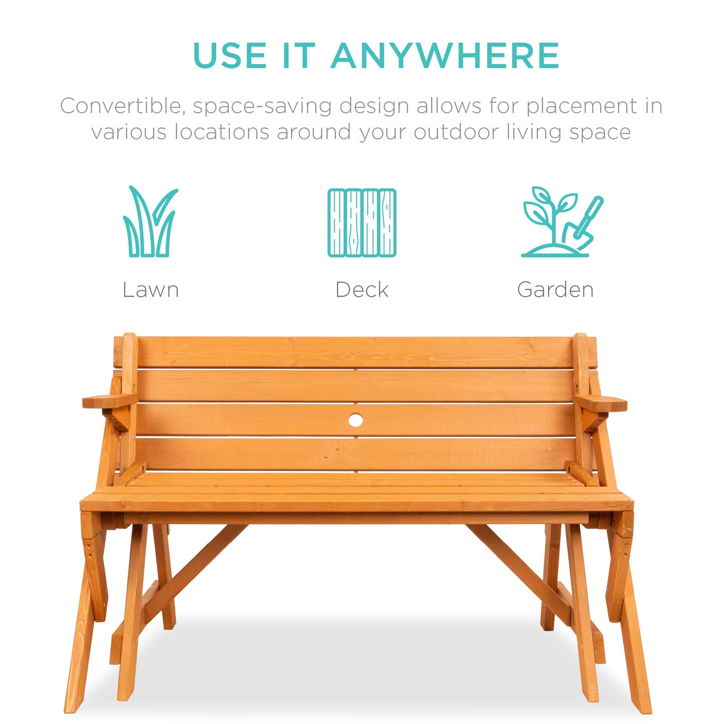 Best Choice Products 2-in-1 Transforming Interchangeable Outdoor Wooden Picnic Table Garden Bench for Backyard, Porch, Patio, Deck w/Umbrella Hole - Natural - CookCave