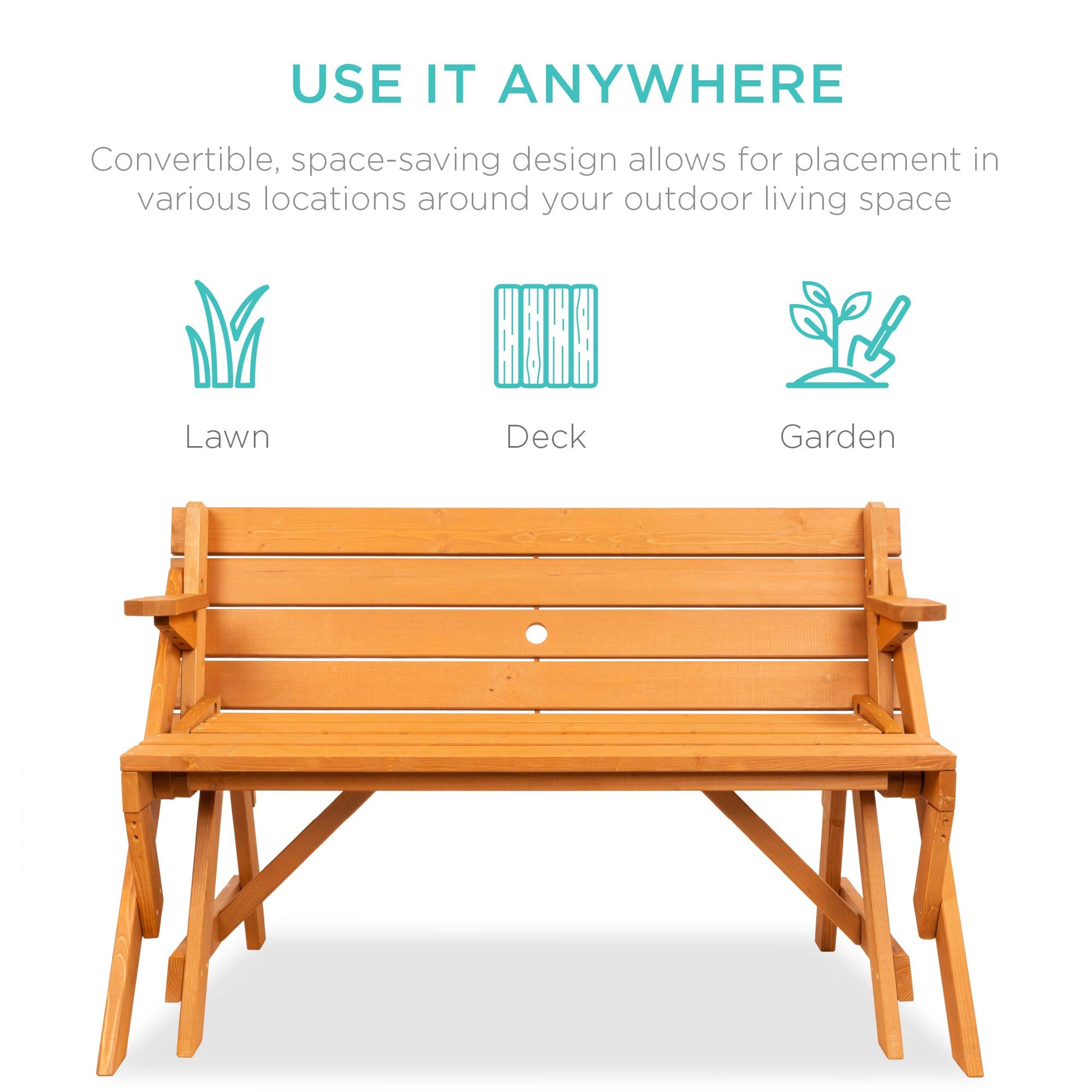 Best Choice Products 2-in-1 Transforming Interchangeable Outdoor Wooden Picnic Table Garden Bench for Backyard, Porch, Patio, Deck w/Umbrella Hole - Natural - CookCave